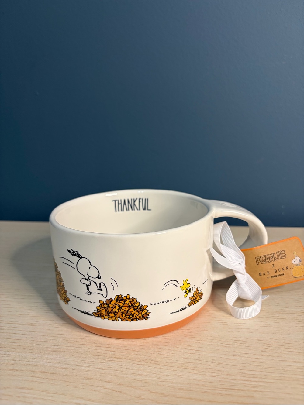 Rae Dunn x Peanuts Cream and Orange Peanuts 'Thankful' Coffee Mug